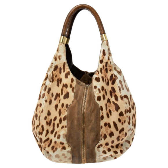 JIMMY CHOO Beige/Brown Leopard Print Calf Hair and Suede Mandah Expandable Hobo - Picture 4 of 9